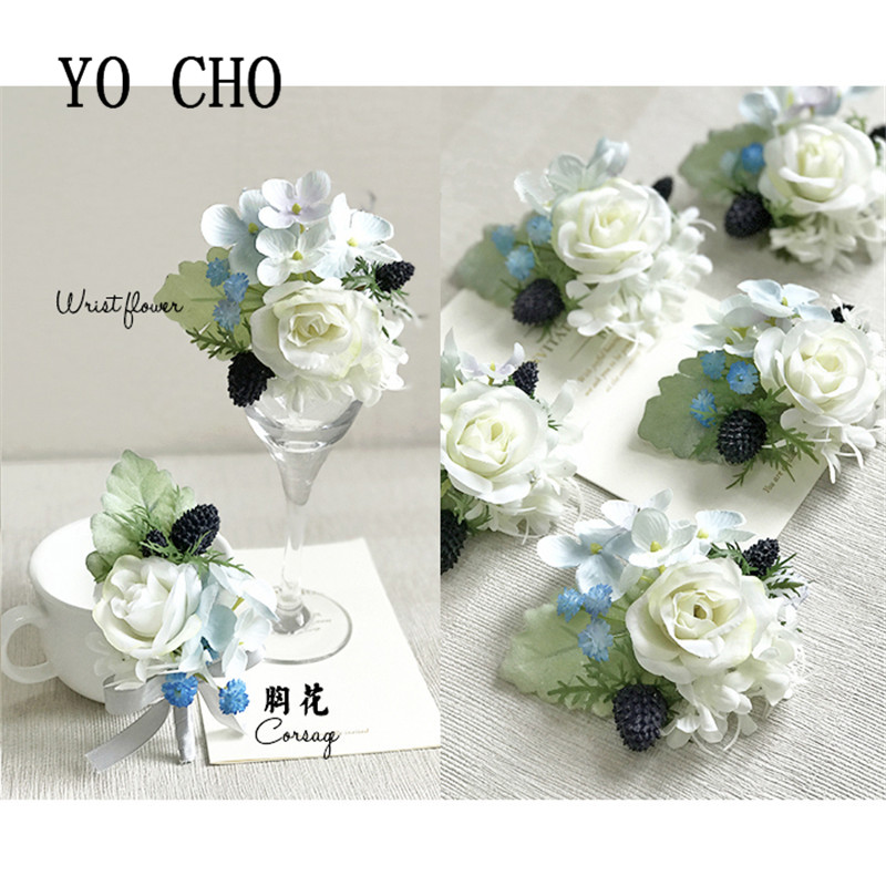 White And Blue Silk Rose Boutonniere Wedding Corsage With Brooch Floral Bracelet Buttonhole Pin - 10