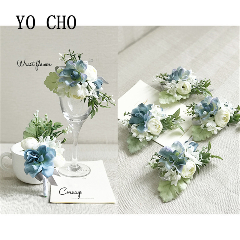 White And Blue Silk Rose Boutonniere Wedding Corsage With Brooch Floral Bracelet Buttonhole Pin - 9