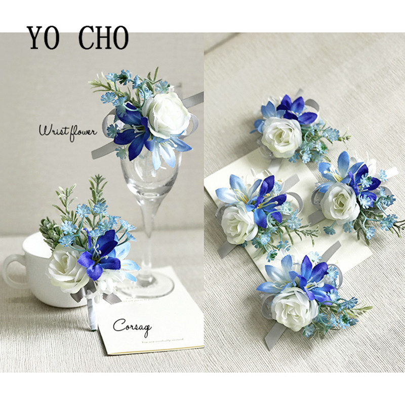 White And Blue Silk Rose Boutonniere Wedding Corsage With Brooch Floral Bracelet Buttonhole Pin - 8