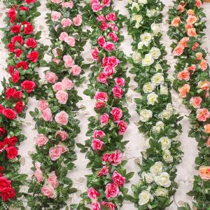 Artificial Silk Flowers Fake Rose Flower Rattan Garland String Vine Green Leaves For Wedding Home Garden Wall Hanging Decoration