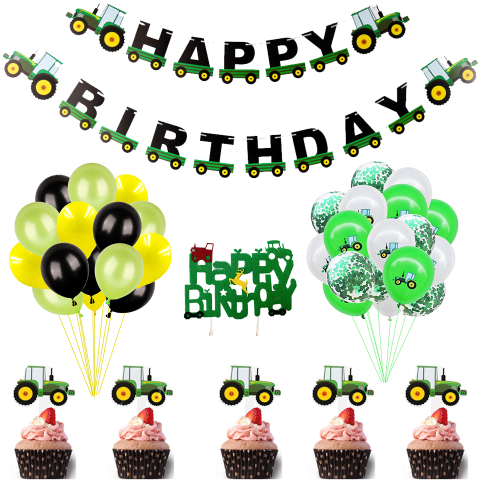 Farmthemed Birthday Party Decoration Set Tractor Truck Excavator Banners Cake Toppers - 2