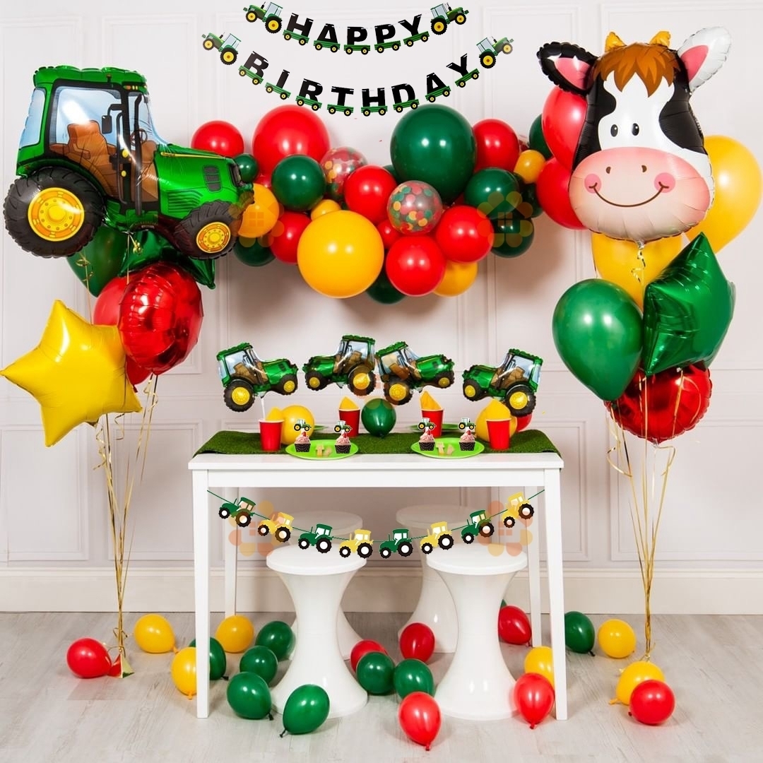 Construction Vehicle Birthday Party Set Farm Themed Decorations Cake Tractor Excavator Banner Baby Age Tracker - 2