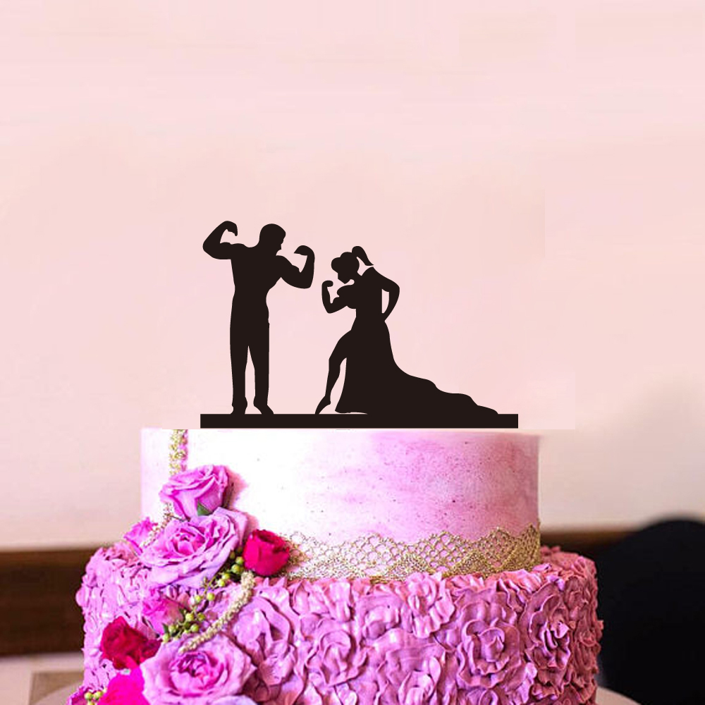 Chic Black Acrylic Wedding Cake Topper Funny Bride Groom Shooting Style Mr Mrs Decor - 2