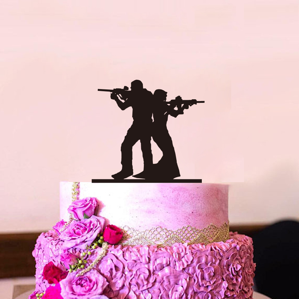 Chic Black Acrylic Wedding Cake Topper Funny Bride Groom Shooting Style Mr Mrs Decor - 1