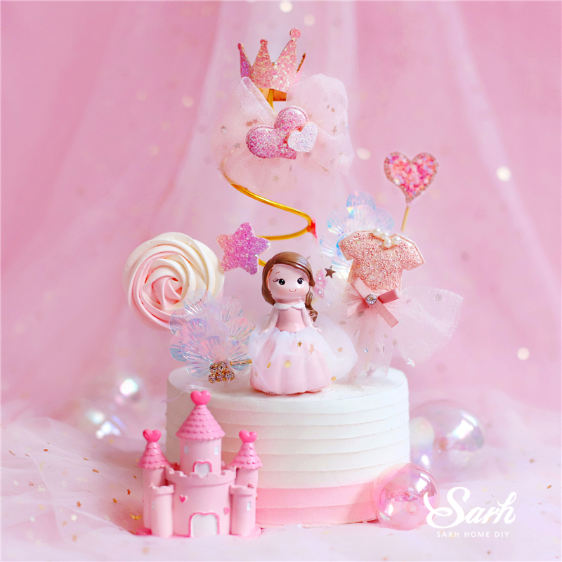 Deluxe Pink Princess Castle Cake Topper With Spiral Yarn Star Ideal For Birthday Wedding Party Celebrations And Baking Gifts - 1
