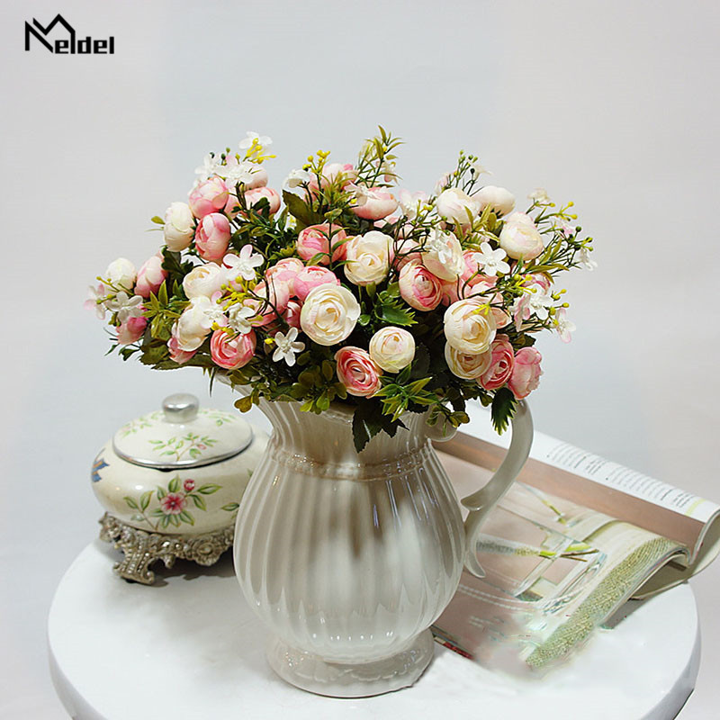 White And Pink Silk Tea Rose Bouquet 13 Head Artificial Flowers For Wedding Home Decor Fake Plants - 10