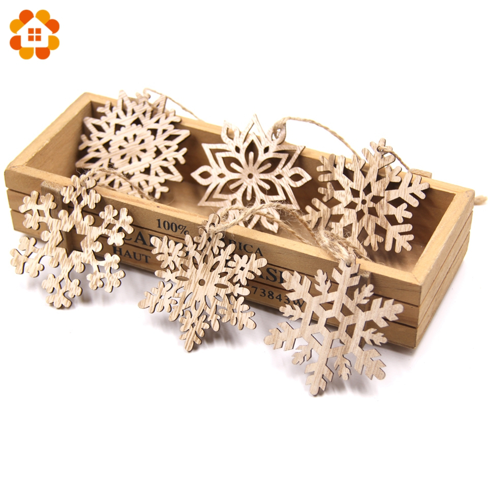 6pcs Lot Vintage Christmas Snowflakes Wooden Pendants Ornaments Wood Craft Kids Toys Decorations Tree Gifts - 6