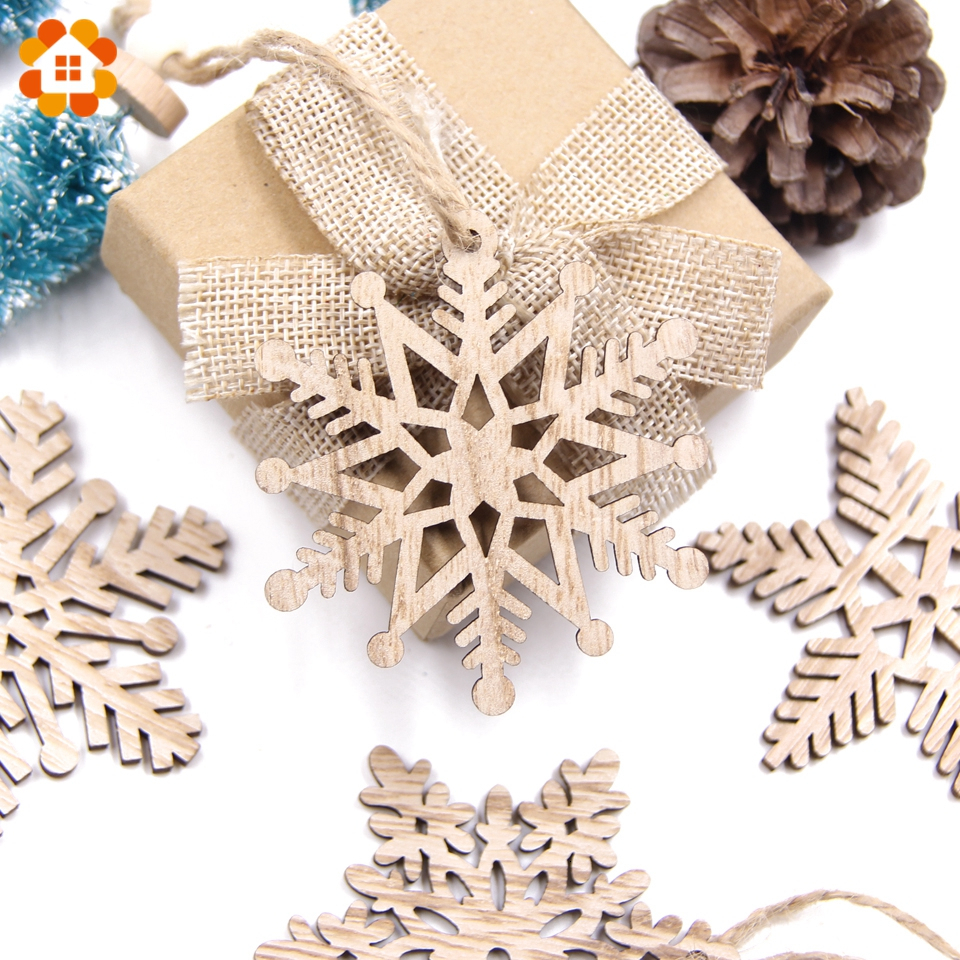 6pcs Lot Vintage Christmas Snowflakes Wooden Pendants Ornaments Wood Craft Kids Toys Decorations Tree Gifts - 3