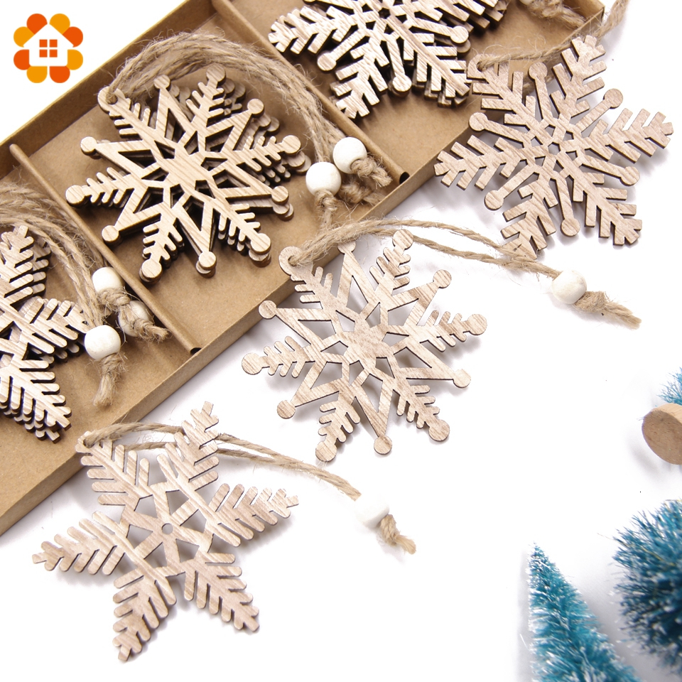 6pcs Lot Vintage Christmas Snowflakes Wooden Pendants Ornaments Wood Craft Kids Toys Decorations Tree Gifts - 2