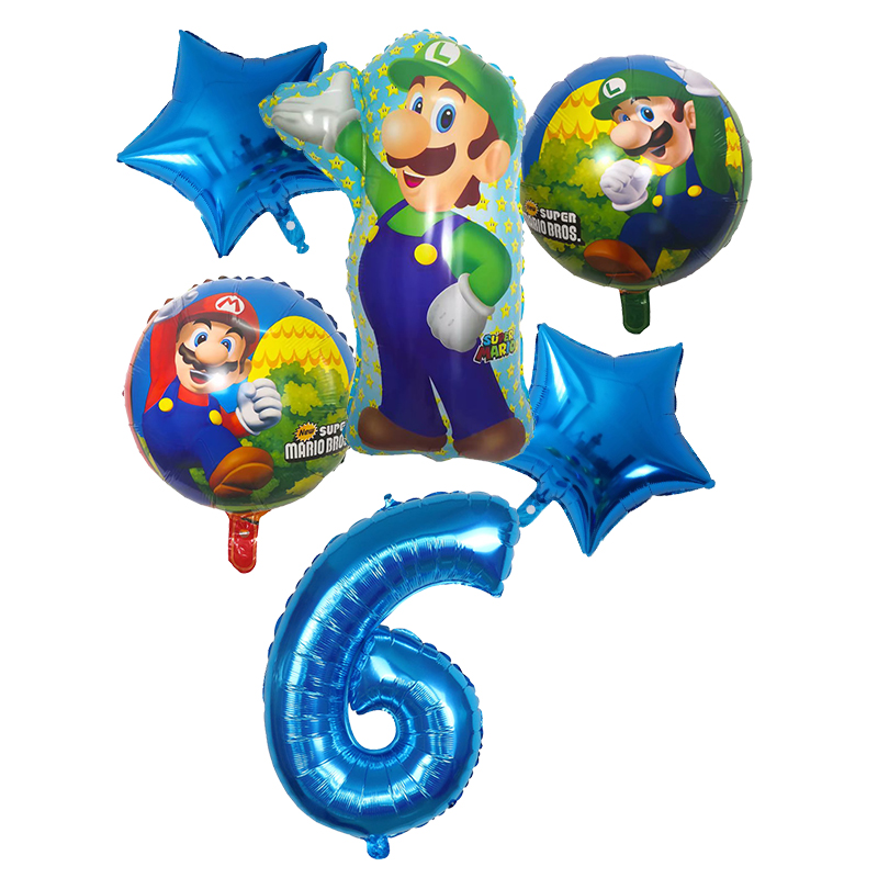 Super Mario 6pcs Party Balloon Set 30 Inch Foil Mylar Blue Red Luigi Bros Birthday Decorations For Boys Girls - 6