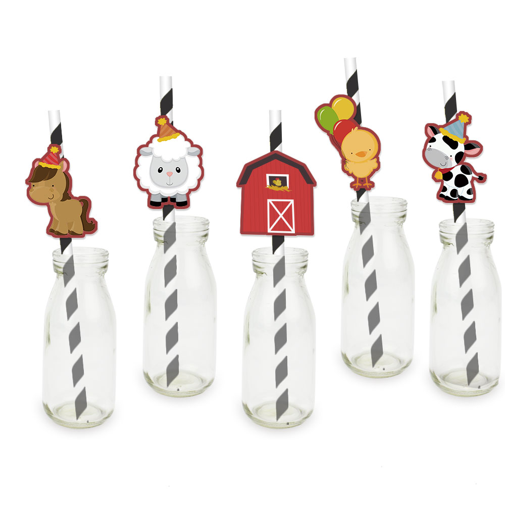 Farm Animal Birthday Party Set Invitations Ceiling Decor Straws Favor Bags Cake Toppers Bottle Labels Banners - 12
