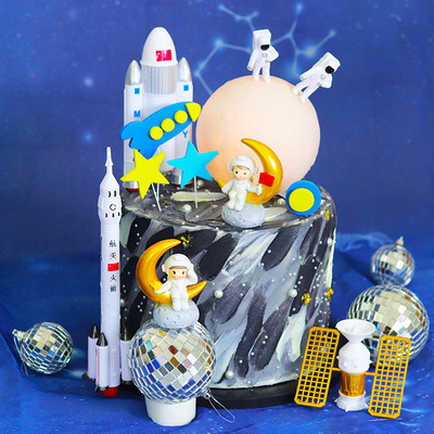 7piece Galaxy Themed Astronaut And Rocket Cake Toppers Birthday Decoration Set Space Scene Ornaments - 8