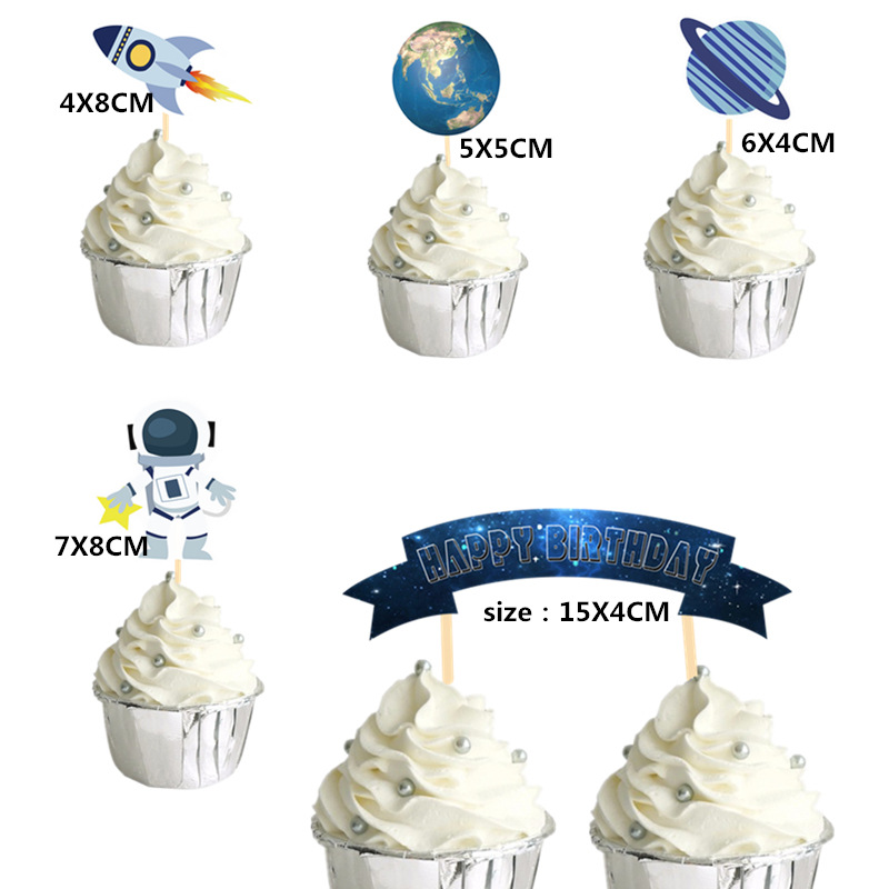 7piece Galaxy Themed Astronaut And Rocket Cake Toppers Birthday Decoration Set Space Scene Ornaments - 3