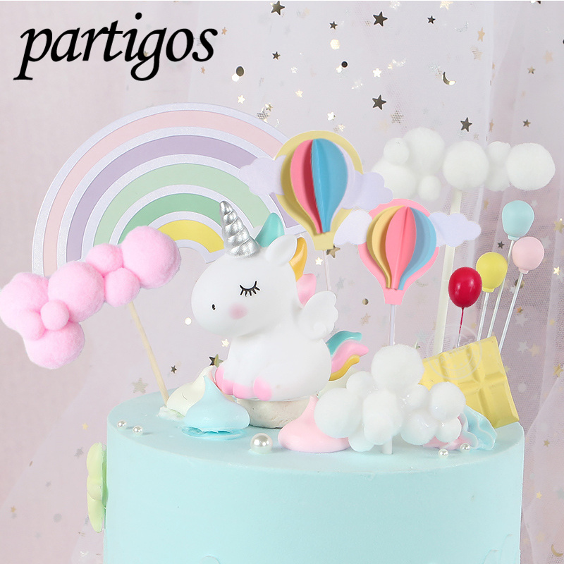 Rainbow Unicorn Cake Topper With Cloud Flags For Kids Birthday Party Wedding Cupcake Decoration - 1