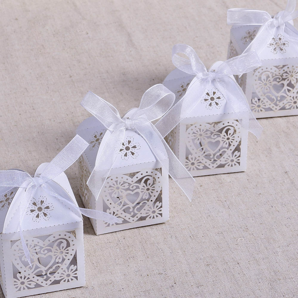 10piece Hollow Heartshaped Laser Cut Candy Boxes Set With Ribbons For Weddings Baby Showers Party Favors And Gifts - 12