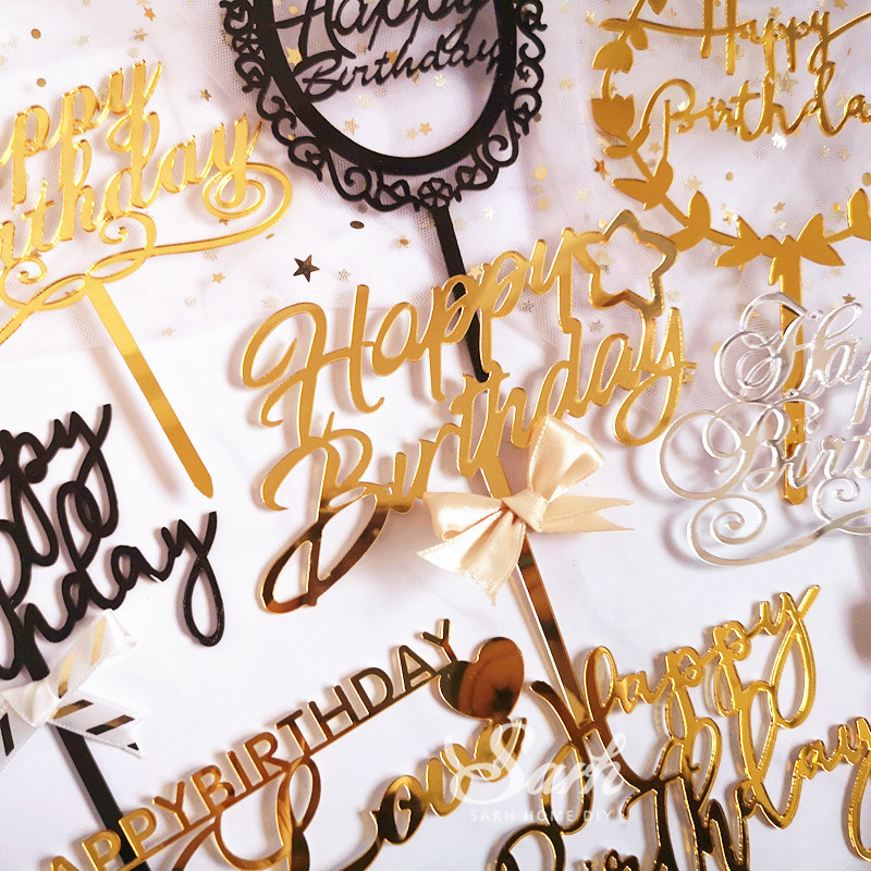 Elegant Gold Silver Black Acrylic Happy Birthday Cake Topper Party Dessert Decoration Beautiful Handwriting Gifts - 2