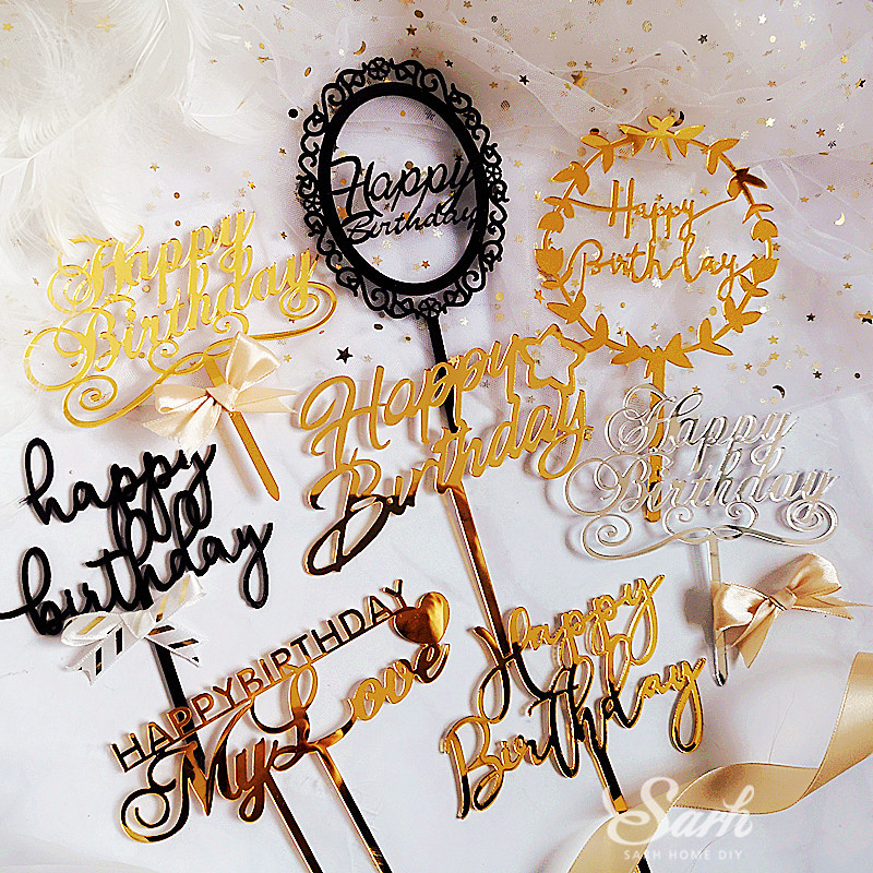 Elegant Gold Silver Black Acrylic Happy Birthday Cake Topper Party Dessert Decoration Beautiful Handwriting Gifts - 1