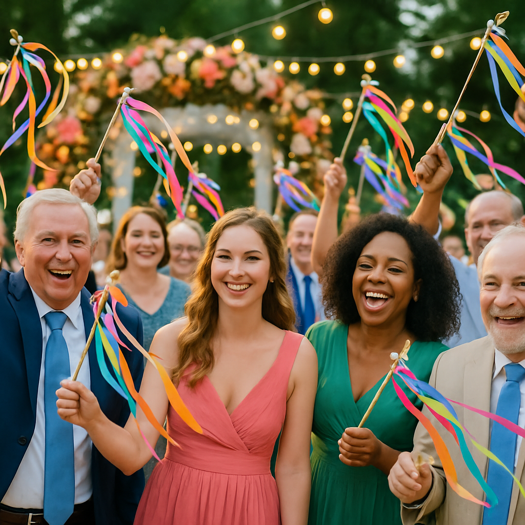 Transform Your Wedding Celebrations with Colorful Ribbon Wands and Gold Bells  